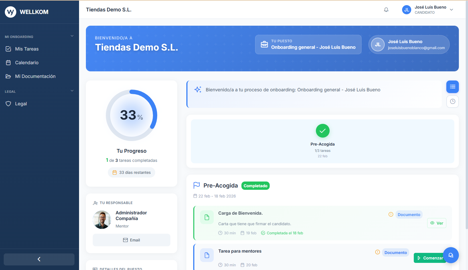 Captura de pantalla de la plataforma Wellkom - Panel de onboarding digital